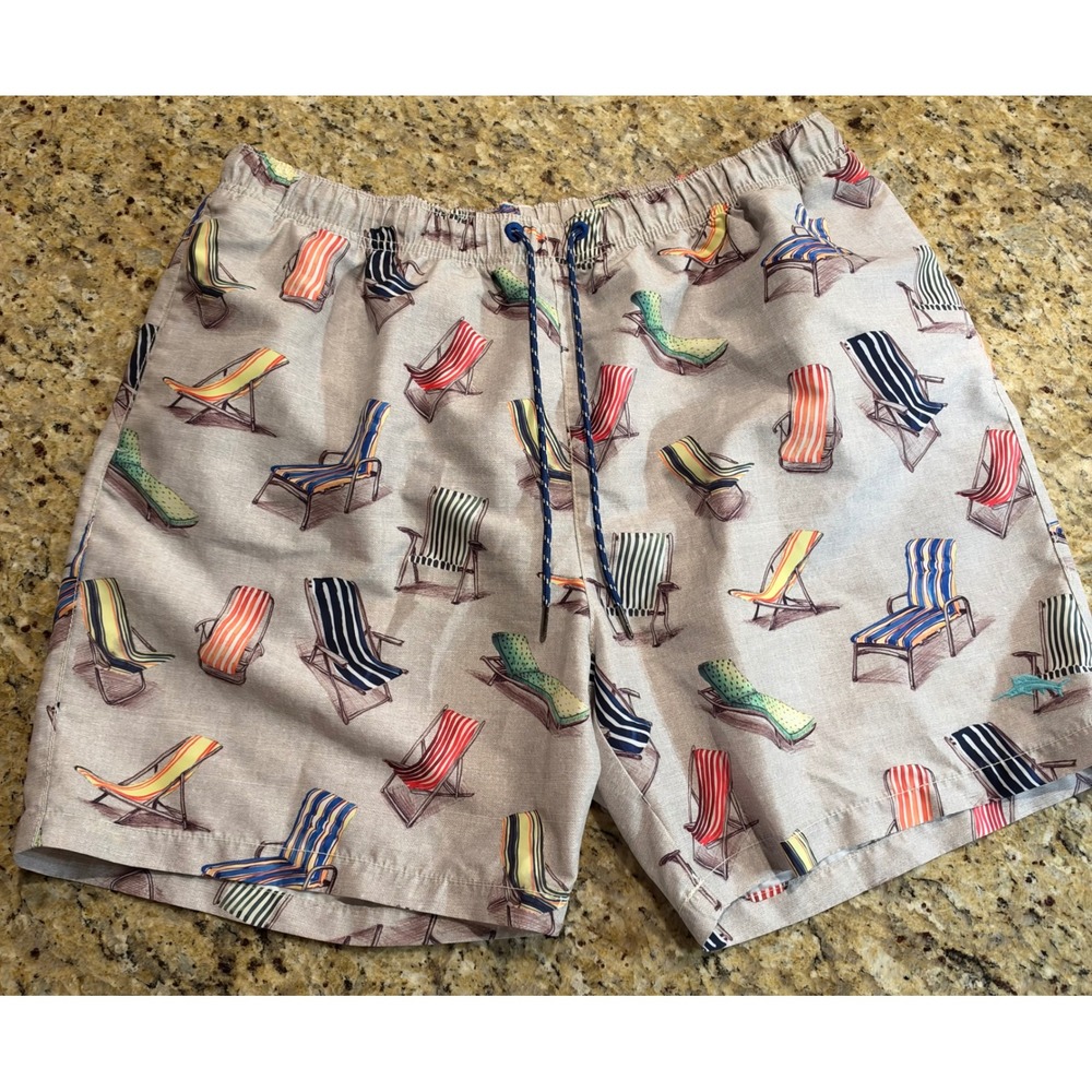 Tommy Bahama Relax Mens XL Swim Trunks Beach Chair Print Beige Board Shorts